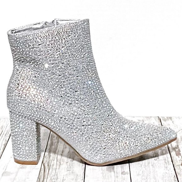 New Women Silver Rhinestone Blingy Pointed Toe Ankle Boots Booties - Picture 6 of 9